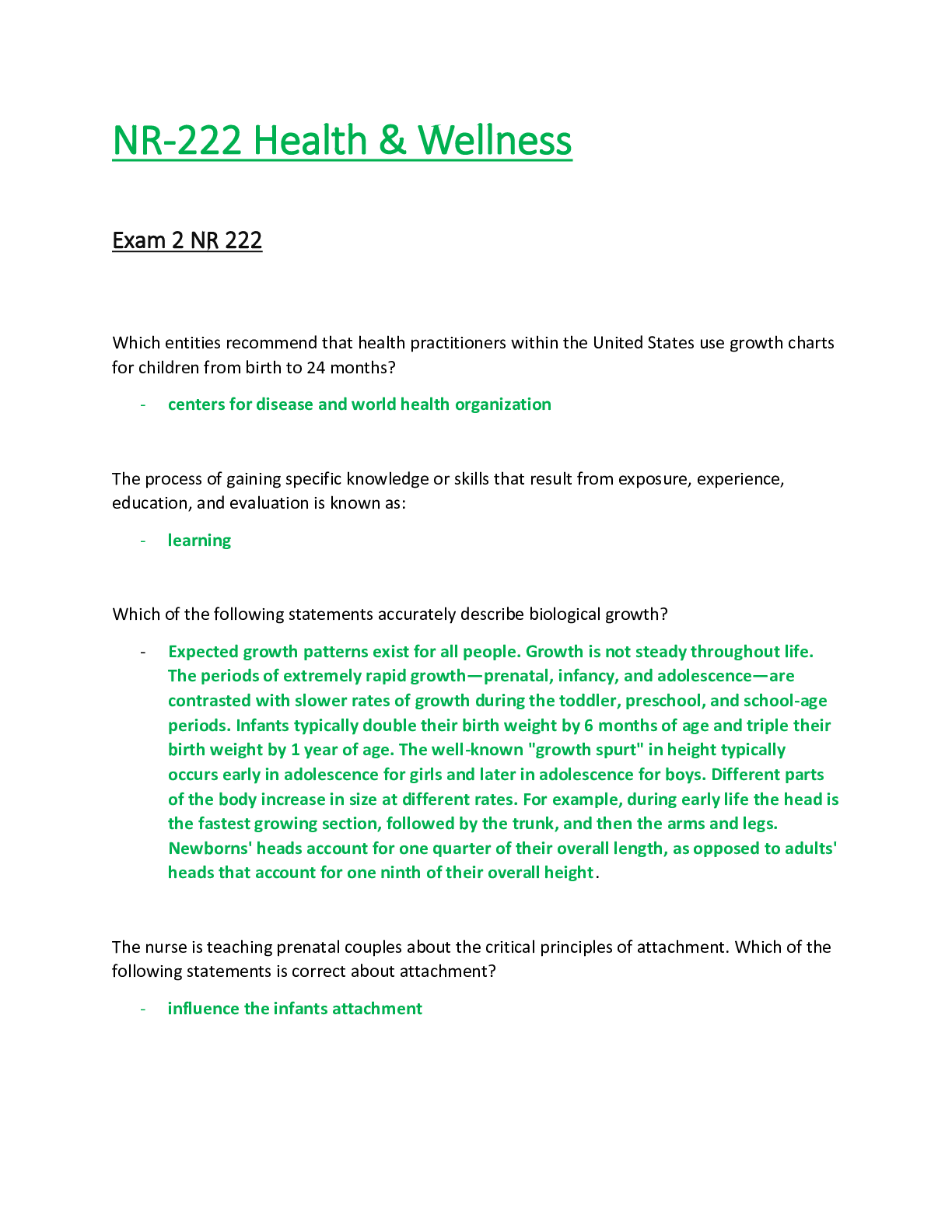 Preview of NR222 / NR 222 Exam 2  : Health & Wellness -  Chamberlain